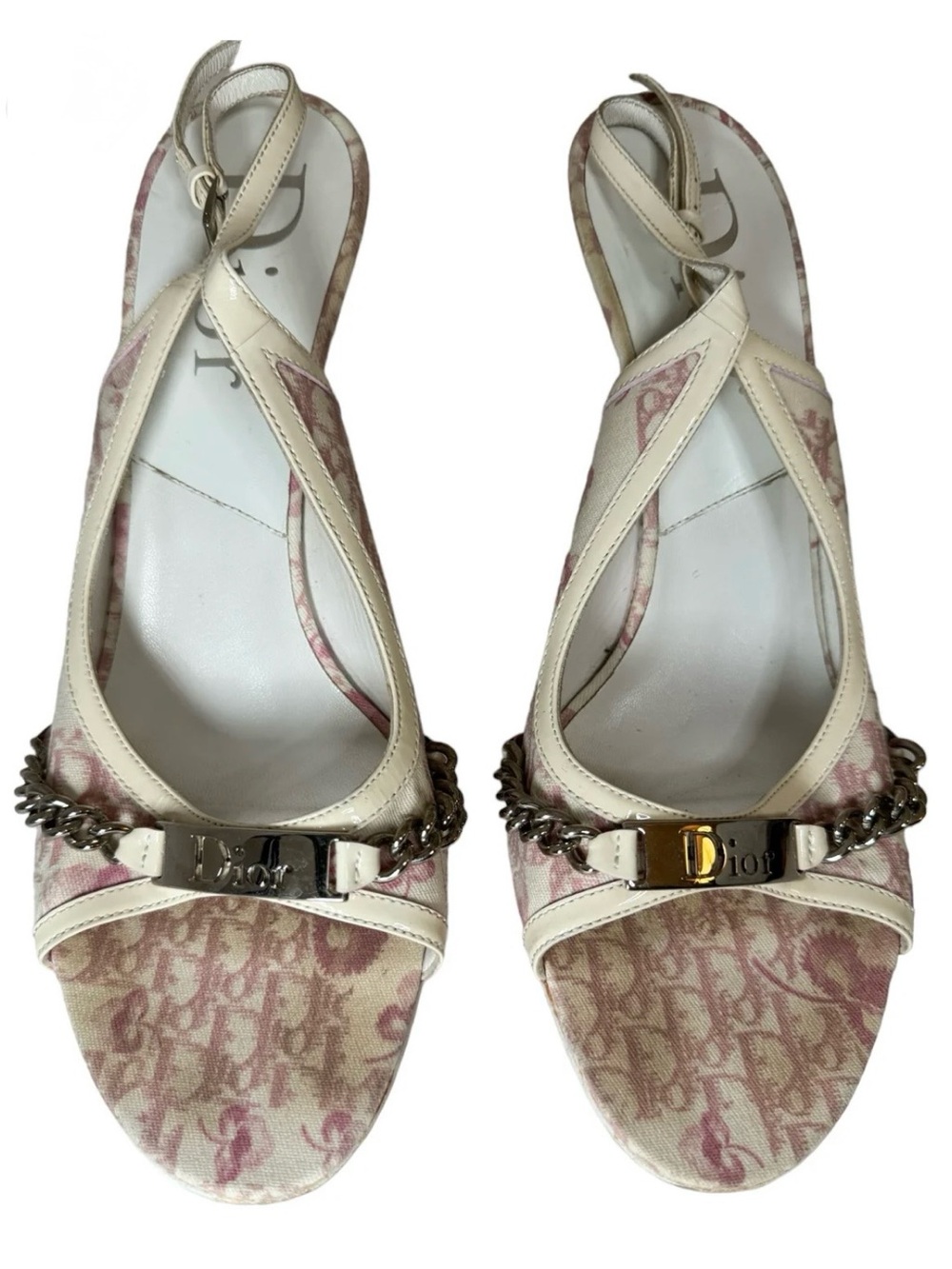 Dior Cream and Pink Logo Canvas Slingback Sandals with Chain Detail - Picture 1 of 3